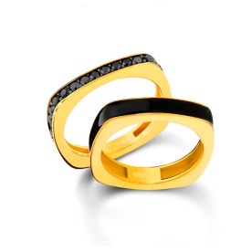 Conjunto Alianças Square em Ouro Amarelo 18k com Diamantes Negros e Esmalte